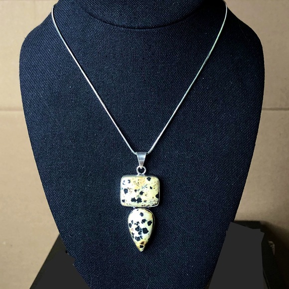 Sterling Silver Spotted Jasper Cabochon Pendant on Snake Chain Necklace 20” Long - Picture 4 of 7
